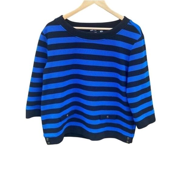 Karl Lagerfeld Paris Front Pockets Striped Textured Top L Multicolor Nautical - Picture 1 of 5